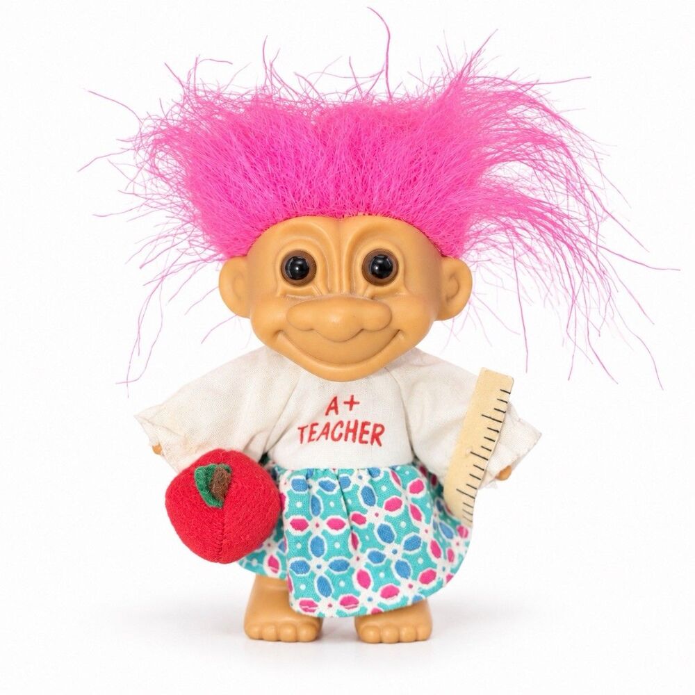 Vintage 1990s Russ Berrie A+ Teacher Troll Doll Pink Hair Apple Ruler 5in #18435